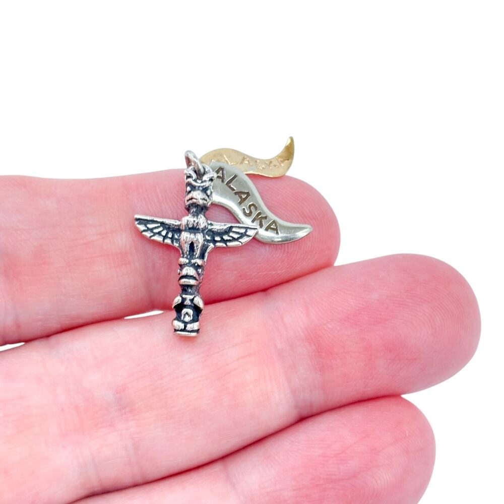 Vintage Sterling Silver 925 Gold Tone Alaska Pennant Totem Pole Charm Pendant